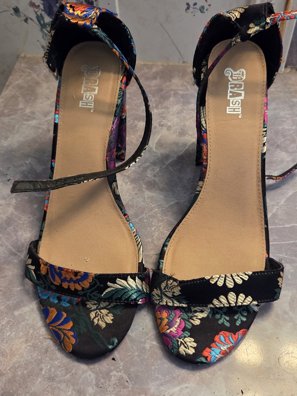 Brash Black Floral Embroidered Ankle Strap Block Heels